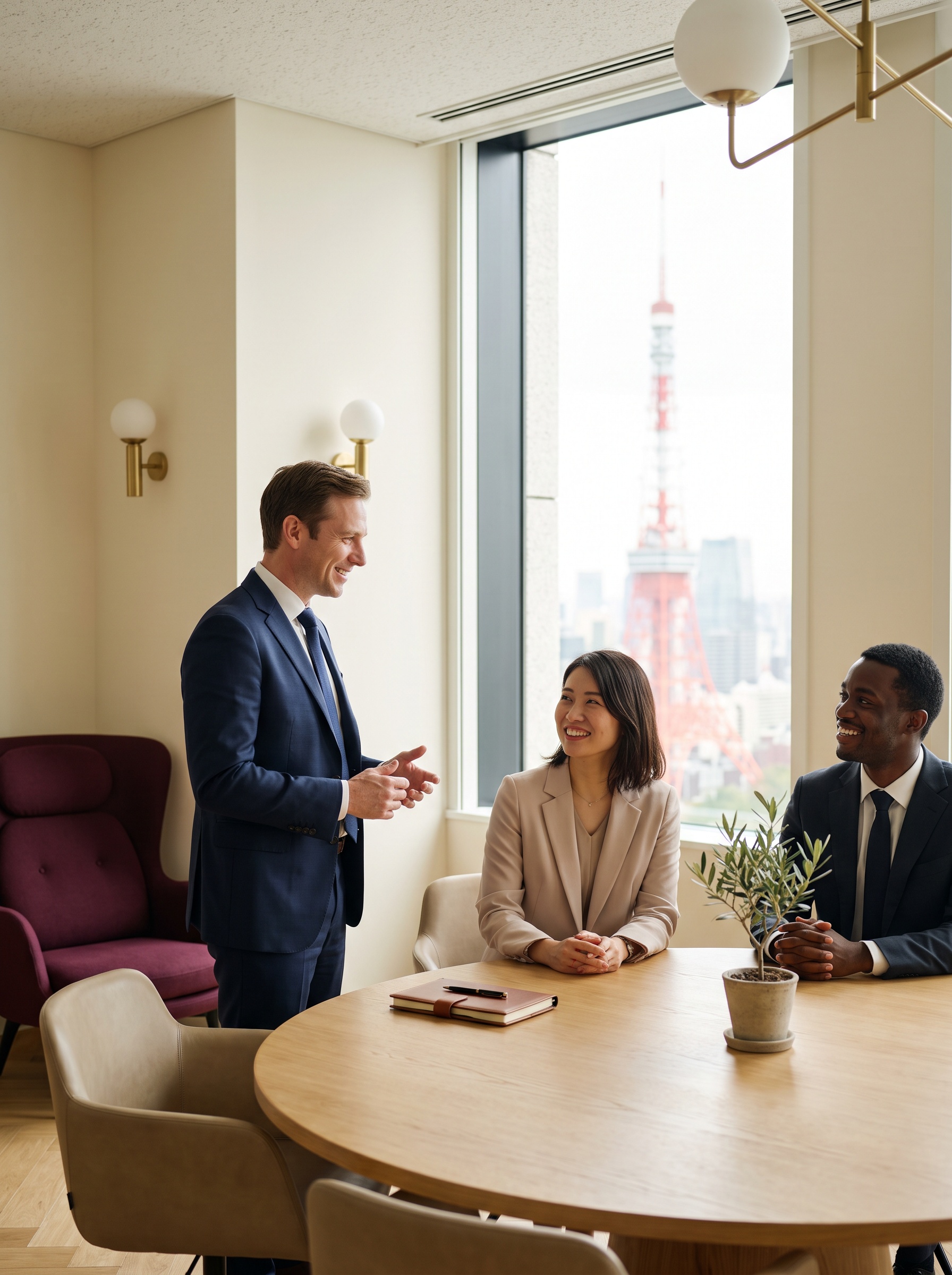 International business professionals in a Tokyo office with Tokyo Tower visible through the window